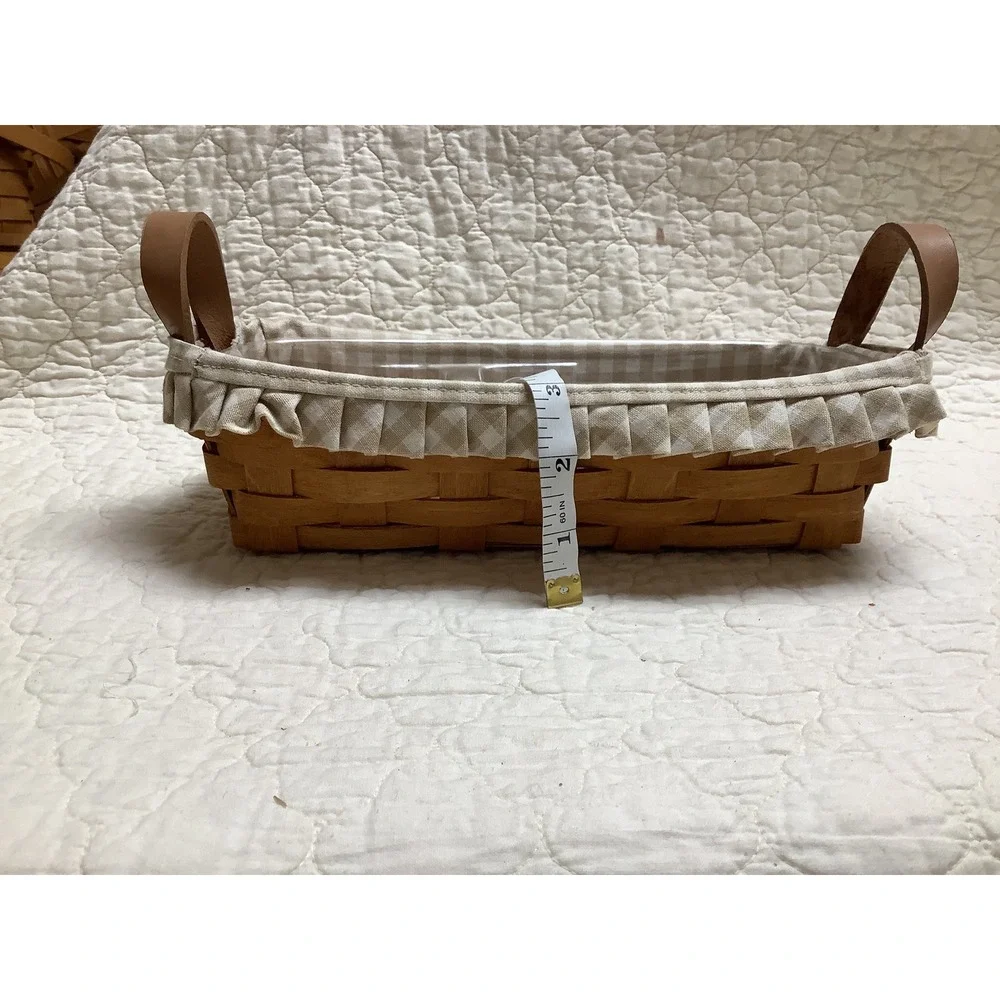 Longaberger Woven Basket with Gingham Liner Plastic Protector Leather Handles